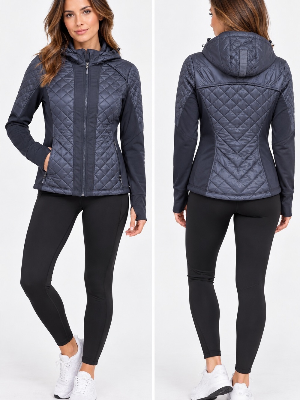 Athleta Quilted Hooded Puffer Jacket in Charcoal Gray XS